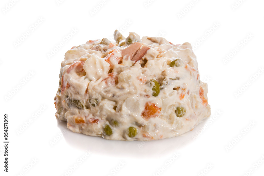 Russian salad, typical spanish food, isolated on white with reflection. Ensaladilla rusa. Russian salad, typical spanish food, isolated on white with reflection. Ensaladilla rusa.