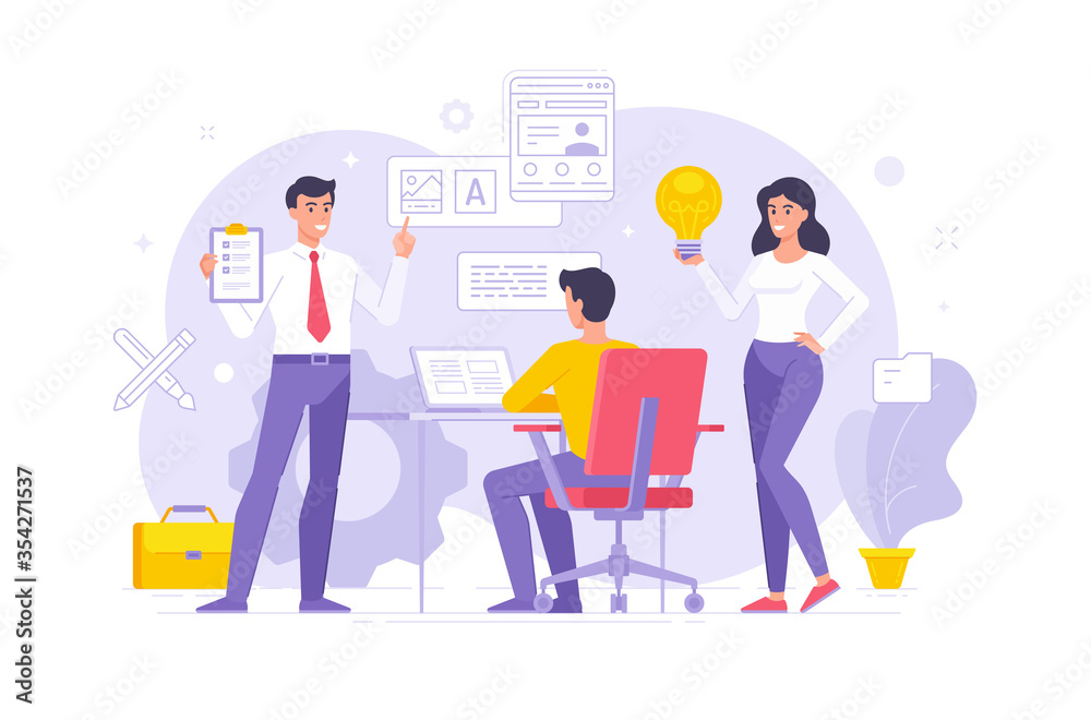 Modern colleagues sharing ideas and create design in office vector illustration