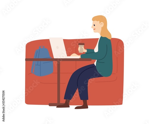 Woman chatting on laptop sitting at cafe table vector flat illustration. Happ...