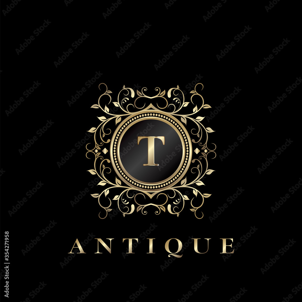 Circle Nature Leaf Luxury Letter T logo. Antique elegance vector design floral ornament on circle frame with gold vintage . Vector logo template, wedding labels and badges Circle Nature Leaf Luxury Letter T logo. Antique elegance vector design floral ornament on circle frame with gold vintage . Vector logo template, wedding labels and badges