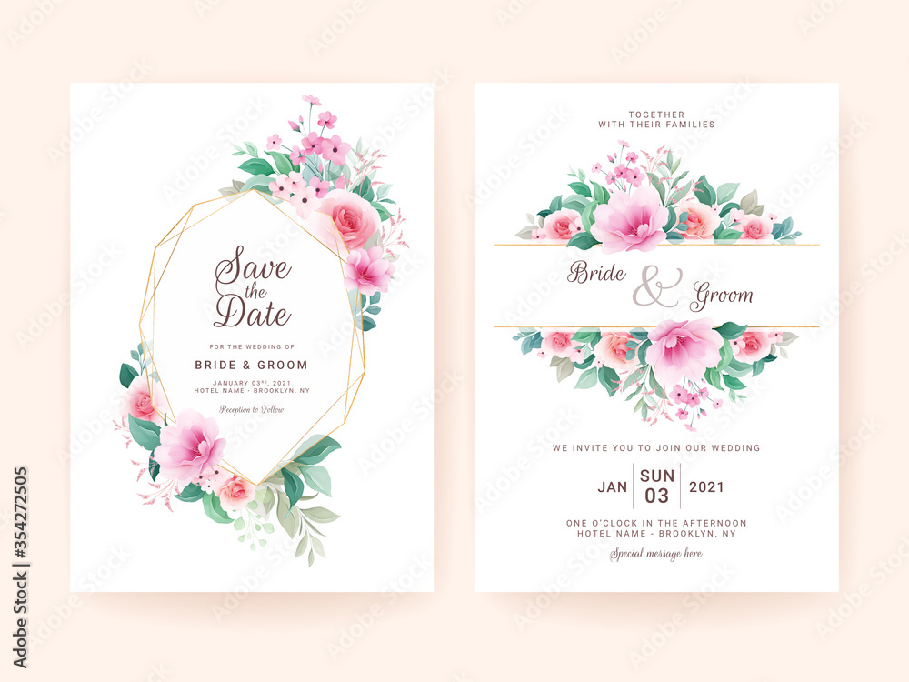 Wedding invitation template set with geometric floral frame. Roses and sakura flowers composition vector for save the date, greeting, thank you, rsvp, etc