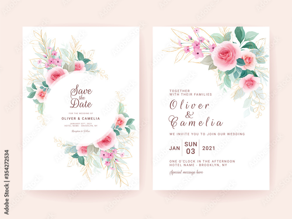Set of wedding invitation template with floral frame & border, and gold leaves. Flowers composition vector for save the date, greeting, thank you, rsvp, etc