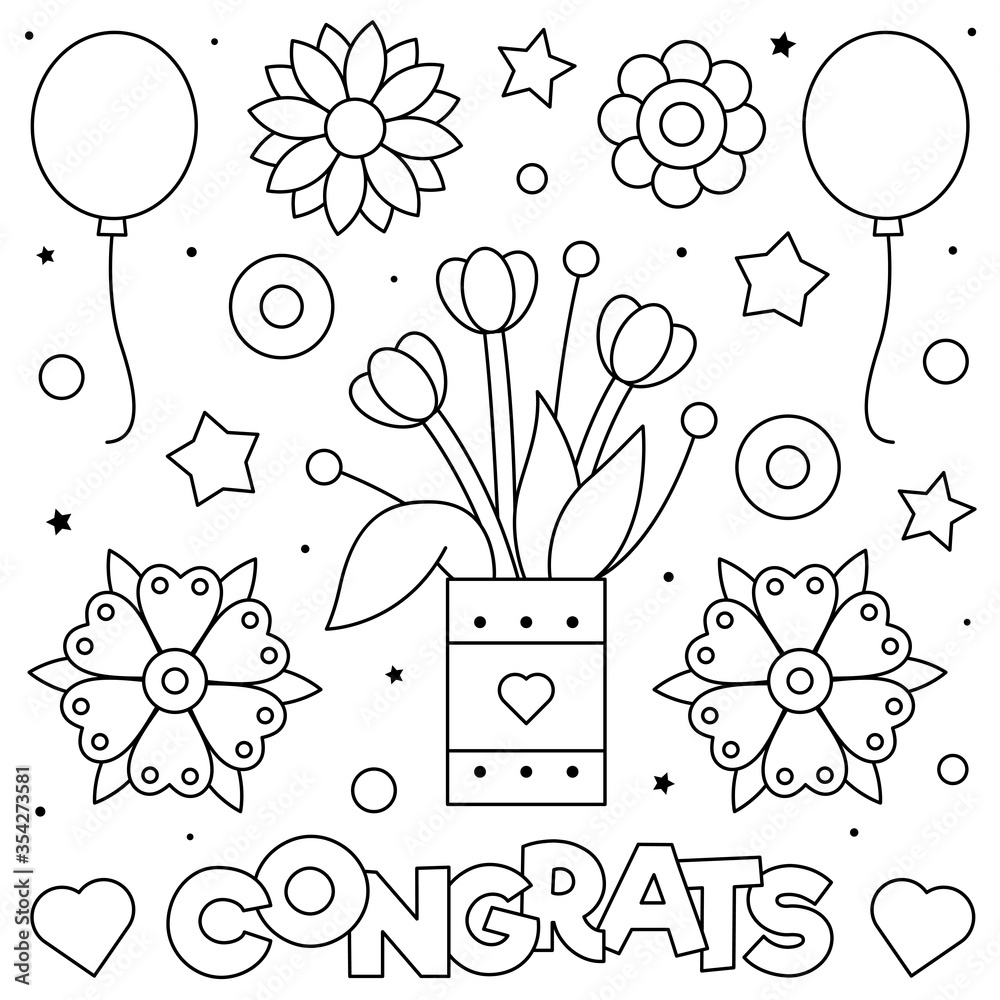 Congrats. Coloring page. Black and white vector illustration. Stock