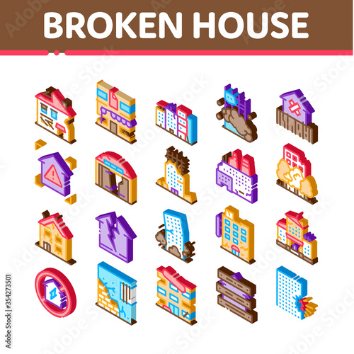 Broken House Building Icons Set Vector. Isometric Crashed And Abandoned Building  Demolition Damaged Construction And Plant  Illustrations