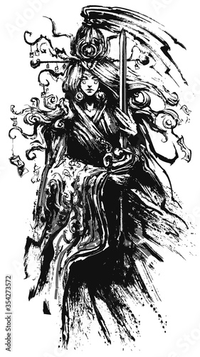 A beautiful Chinese girl in a kimono with patterns, holding a sword in her hands, her hair flying in the wind, painted in ink.  2D illustration.