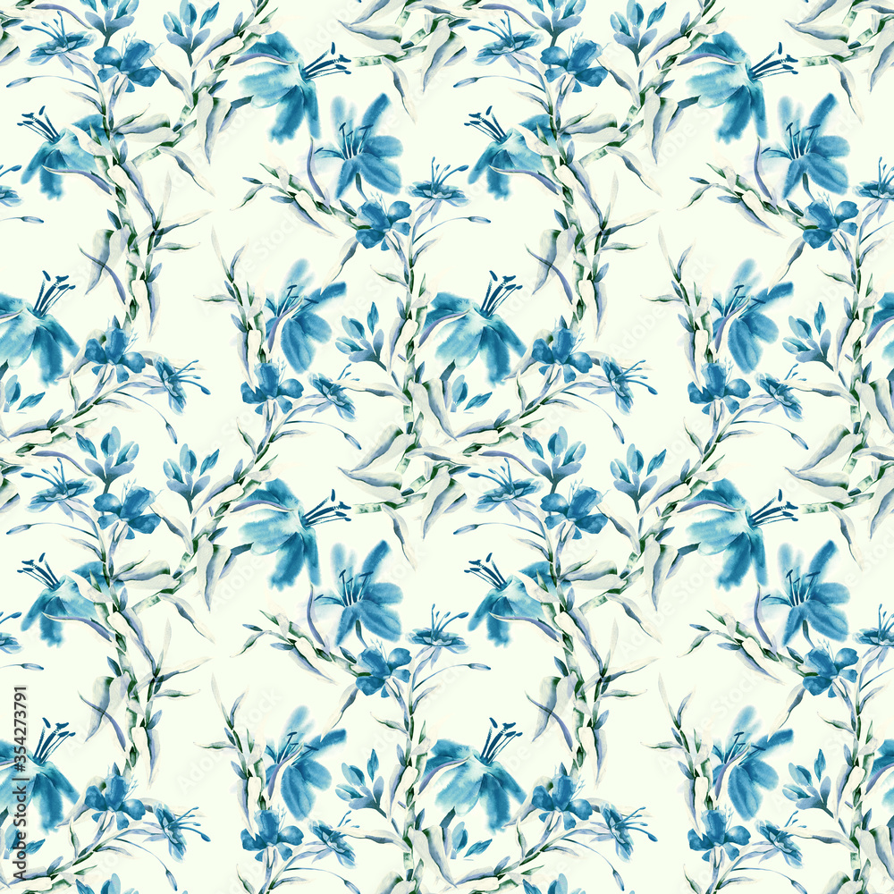 Flowers Seamless Pattern. Watercolor Background.