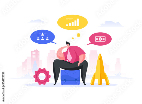 Modern inventor thinking about rocketry project. Flat vector illustration