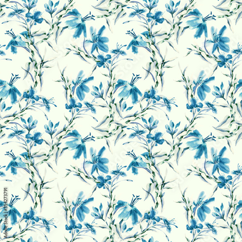 Flowers Seamless Pattern. Watercolor Background.