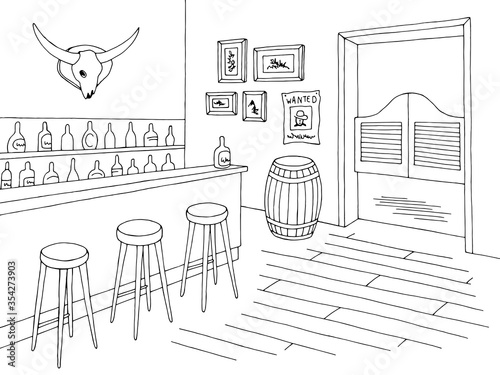 Saloon bar interior graphic black white sketch Wild West illustration vector