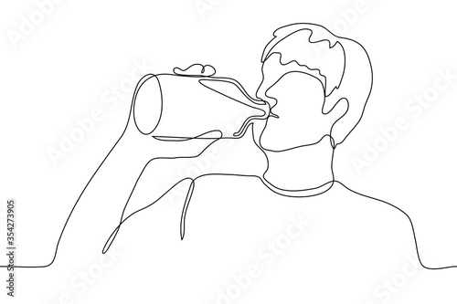 A man with long hair drinks a drink (water, alcohol) directly from the bottle. One continuous line drawing of a man alcoholic drinking alcohol. Can be used for animation.