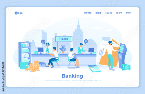 Banking Financial services. Money exchange, transfer, payment, accounts operation. Bank office interior, finance managers and clients. Man with a credit card near an ATM. landing web page template.