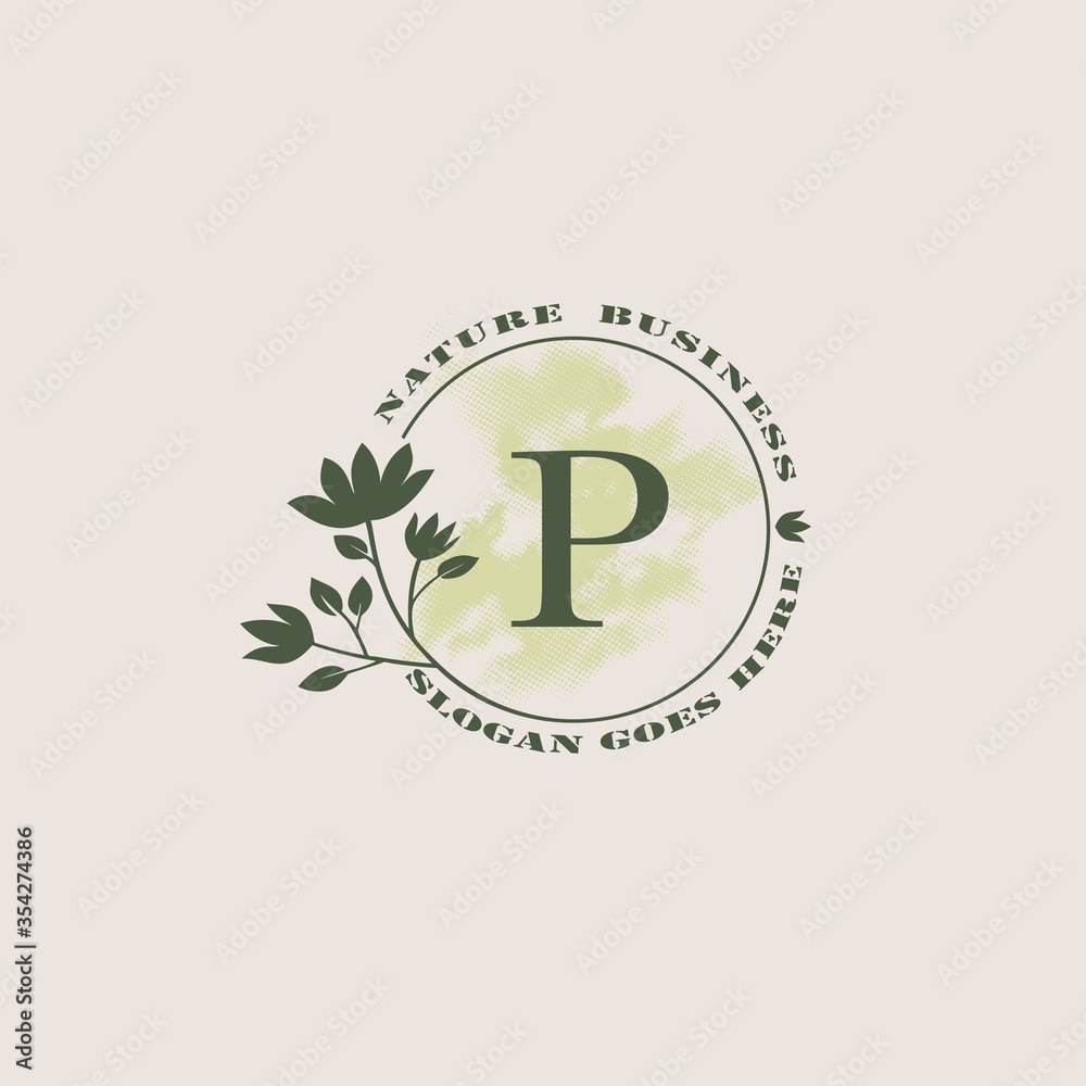 Circle nature tree P letter logo with green leaves in circle line shape for Initial business style with botanical leaf elements vector design. Circle nature tree P letter logo with green leaves in circle line shape for Initial business style with botanical leaf elements vector design.