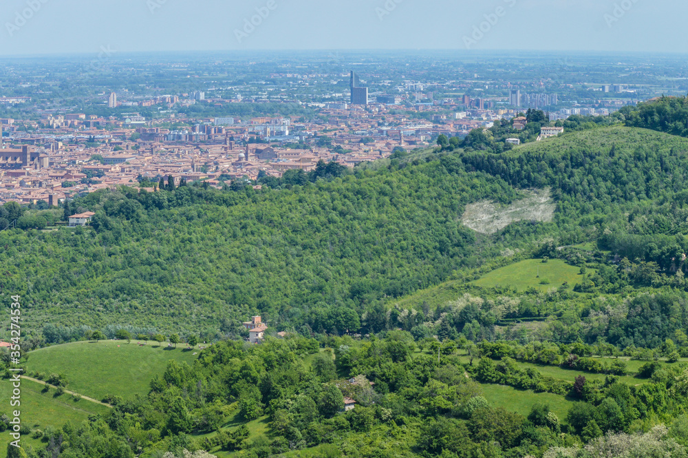 Aerial view of Bologna, Italy. View from the colle della Guardia hill.