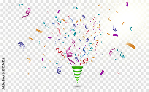 Colorful confetti on a white background. Festive cheerful vector background. Cone with confetti.