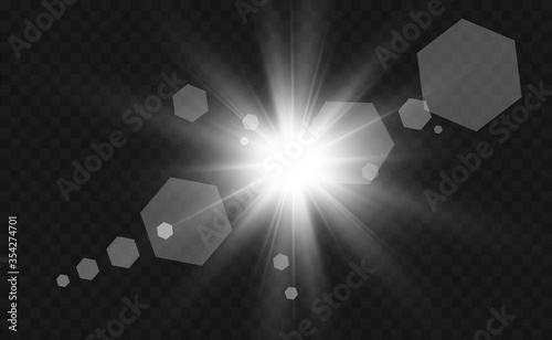 Special lens flash, light effect. The flash flashes rays and searchlight. illust.White glowing light. Beautiful star Light from the rays. The sun is backlit. Bright beautiful star. Sunlight. Glare.