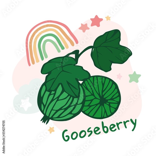 Decorative gooseberry berries on an abstract background with rainbow stars, clouds and hand drawn worrds. Print on fabric, sticker. Cute cartoon character for nursery. Cartoon vector illustration. photo