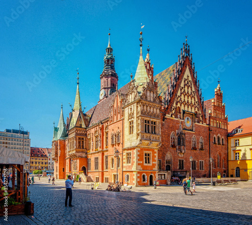 WROCLAW,POLAND. Сentral Market Squar with Gothic Old Town Hall In Sunny Day. Wroclaw town hall in sunny day. Rathaus