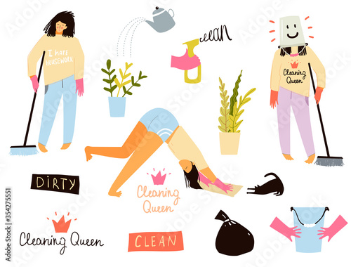 Cute funny girl or woman doing housework clip art collection. Cleaning floor, holding bucket and spray, watering flowers. Fun cleaning quotes hand drawn design. Vector illustration.