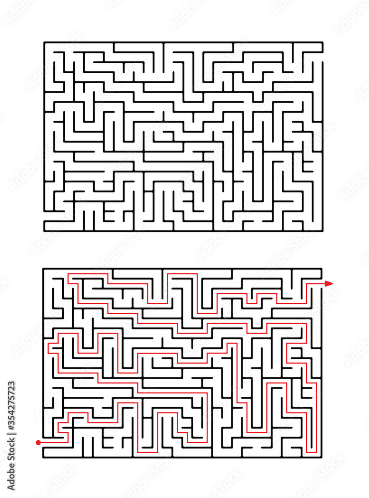 Vector rectangular maze isolated on white background. Education logic game labyrinth for kids. With the solution.