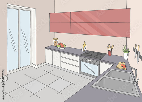 Kitchen room graphic color home interior sketch illustration vector 