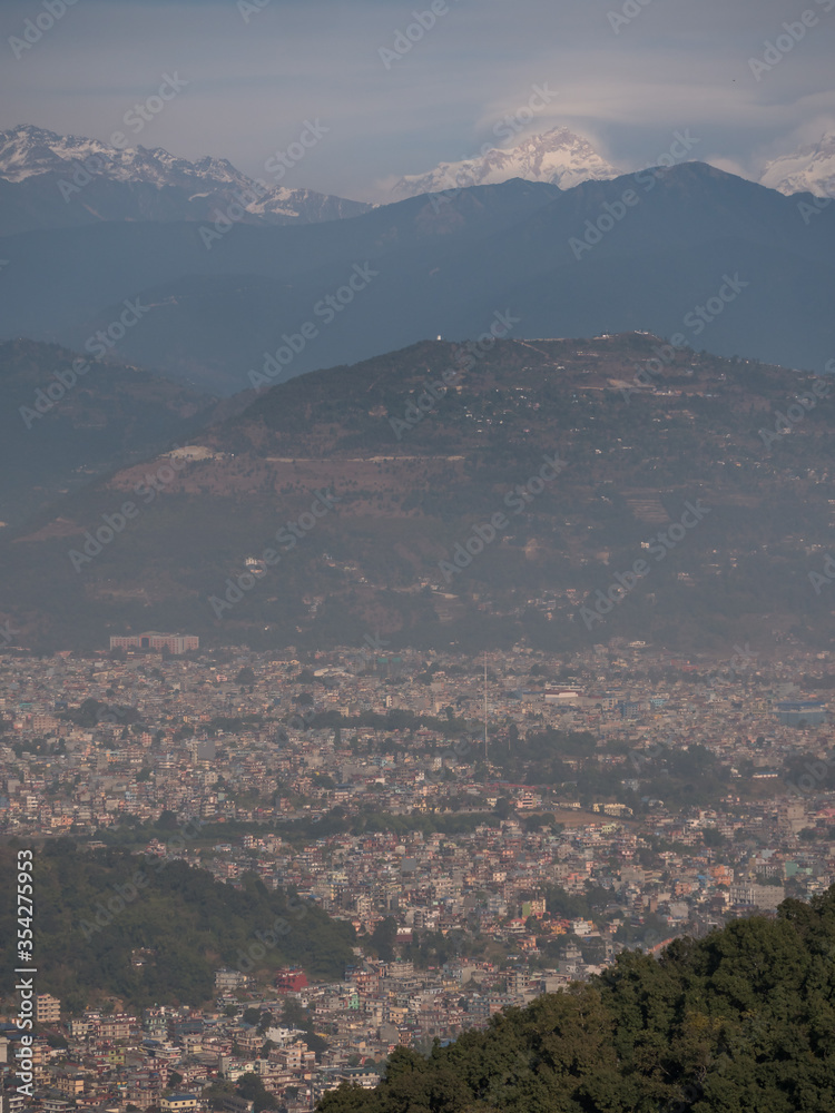Pokhara, Nepal. Vertical shot of Himalaya range and Pokhara  from Peace Stupa.