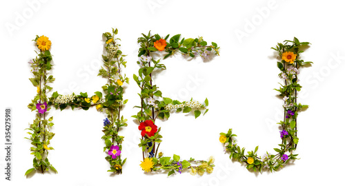 Flower, Branches And Blossom Letter Building Swedish Word Hej Means Hello. White Isolated Background photo