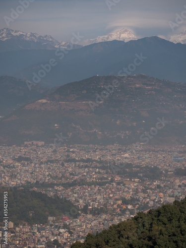 Pokhara, Nepal. Vertical shot of Himalaya range and Pokhara from Peace Stupa.