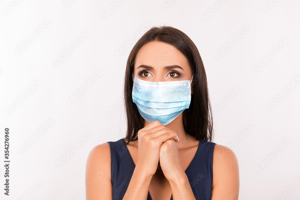 Close-up portrait of her she nice attractive lovely brown-haired girl wearing medicine mask asking stop contamination anti sickness illness disease spread isolated over grey pastel color background