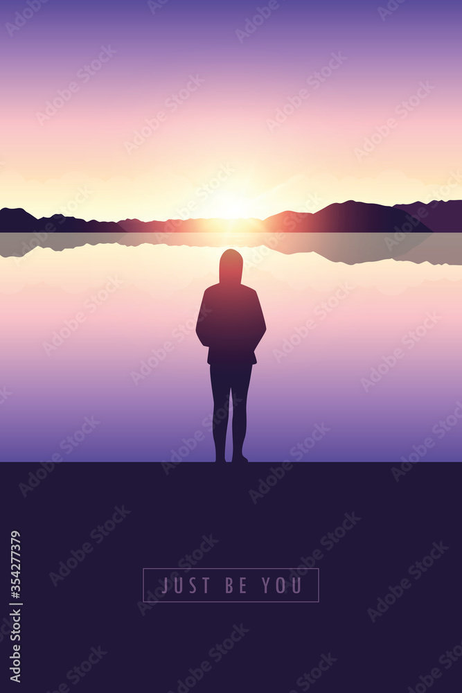 lonely girl silhouette by the lake at sunset vector illustration EPS10