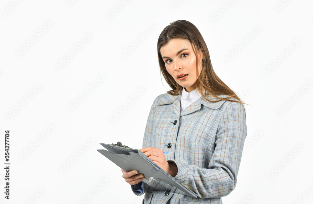 Brand new stylish suit. serious woman work with documents. successful office worker. fashion beauty look. casual fashion style. brunette woman with trendy makeup. sexy girl in jacket hold folder Brand new stylish suit. serious woman work with documents. successful office worker. fashion beauty look. casual fashion style. brunette woman with trendy makeup. sexy girl in jacket hold folder