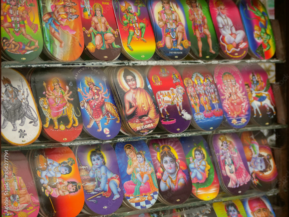 Kathmandu, Nepal. 12/1/2020. Hindu and buddhists stickers in a shop.