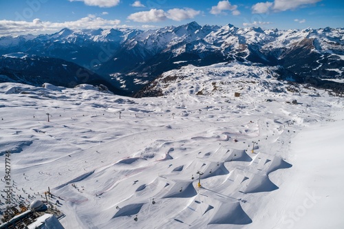 Aerial drone view of Madonna di Campiglio and ursus snowpark in Val Rendena dolomites Italy photo