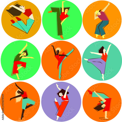 People dance in cubist style and simple flat illustrations.