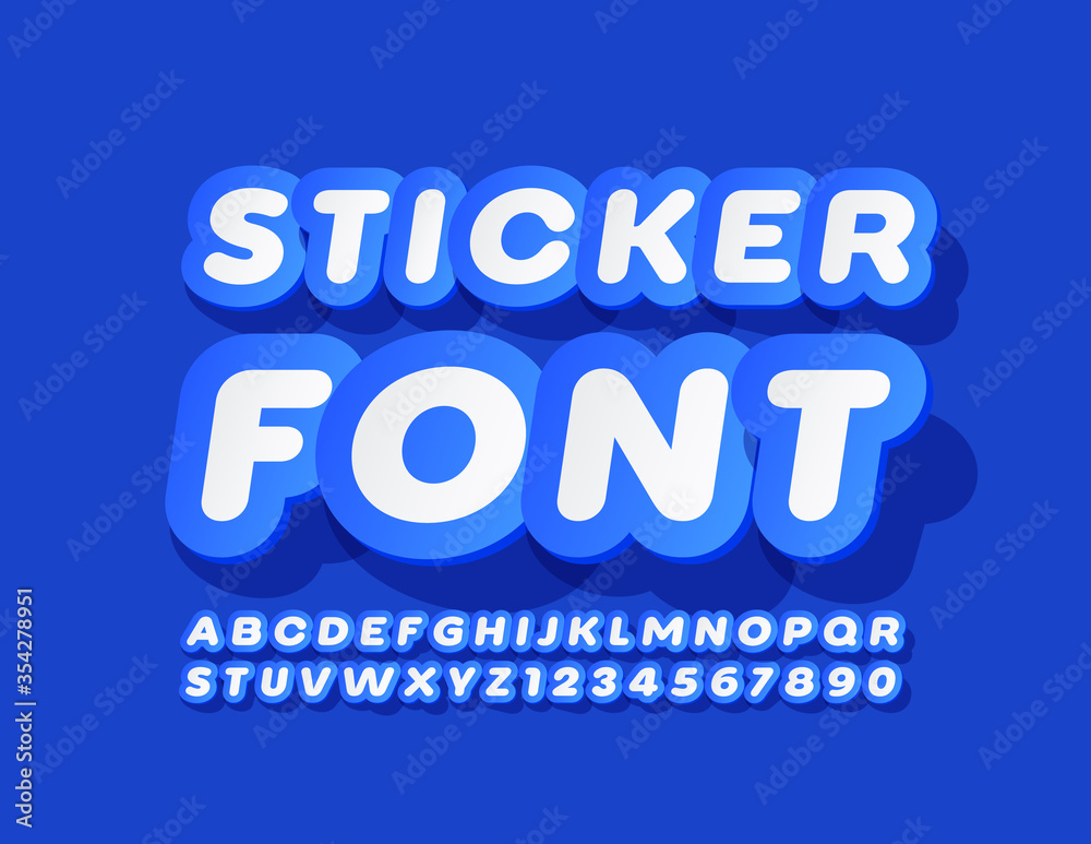 Vector Sticker Font. Creative Blue and White Alphabet Letters and Numbers