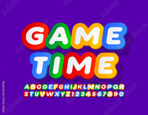 Vector creative sign Game Time with Bright Alphabet Letters and Numbers. Colorful Sticker Font