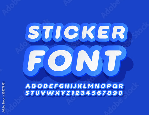 Vector Sticker Font. Creative Blue and White Alphabet Letters and Numbers