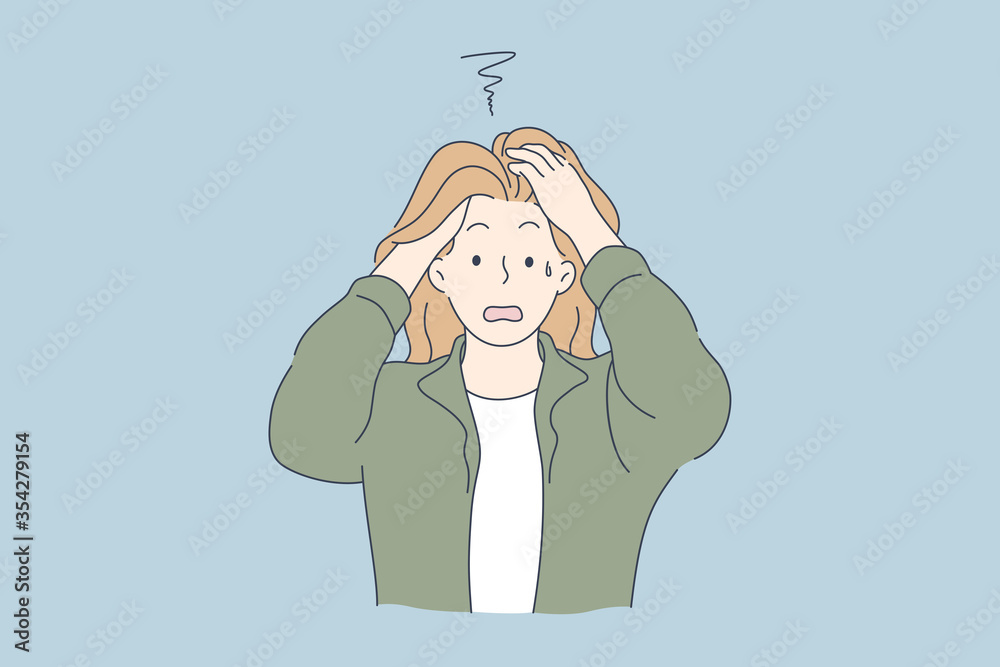 Despair, frustration, depression, mental stress concept. Stressed desperate frustrated young woman or girl covering head with hands. Negative emotions headache or migraine and bad news illustration. Despair, frustration, depression, mental stress concept. Stressed desperate frustrated young woman or girl covering head with hands. Negative emotions headache or migraine and bad news illustration.