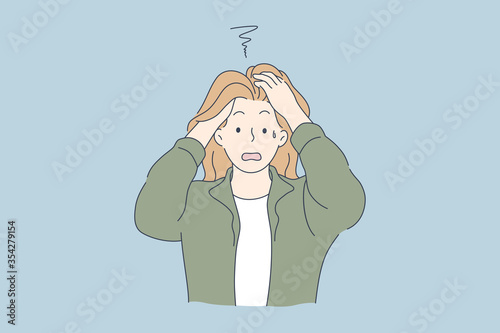 Despair, frustration, depression, mental stress concept. Stressed desperate frustrated young woman or girl covering head with hands. Negative emotions headache or migraine and bad news illustration.