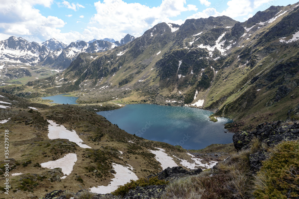 Obraz premium Beautiful view hiking in the Andorra Pyrenees Mountains in Ordino, near the Lakes of Tristaina