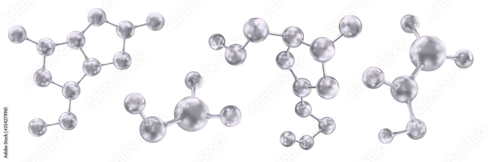 Molecules and molecular crystal lattices. Molecular bonds. Molecules of silver color. Set. Vector abstract 3d illustration of a molecular model isolated on white background.