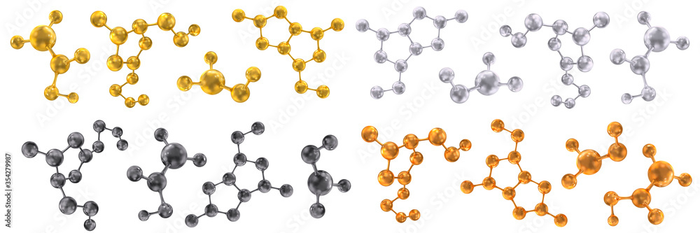 Molecules and molecular crystal lattices of gold, silver, copper or bronze, black coal or dark gray colors. Molecular bonds. Set. Vector abstract 3d illustration of molecular model isolated