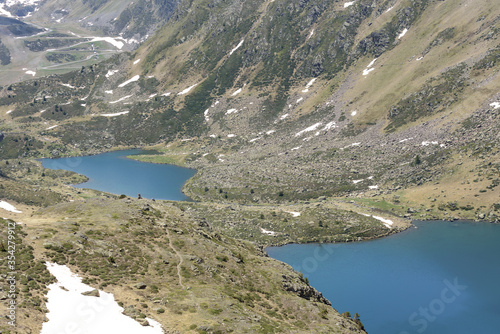 Beautiful view hiking in the Andorra Pyrenees Mountains in Ordino, near the Lakes of Tristaina