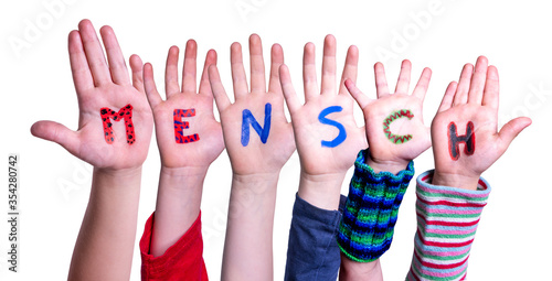 Children Hands Building Colorful German Word Mensch Means Human. White Isolated Background