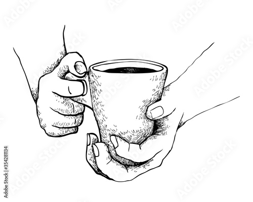 Coffee Time, Illustration Hand Drawn Sketch of Hand Holding A Cup of Coffee Isolated on White Background.
