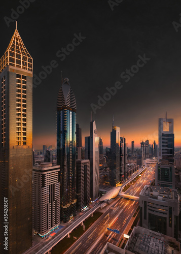 Modern skyline at downtown of Dubai city with Sheikh Zayed Road
