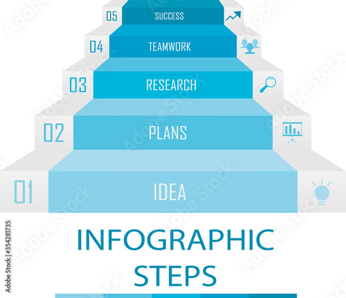 Infographic design template and marketing icons. Stairs graphic. Business concept with 5 options, parts, steps or processes. Vector infographic elements isolated on white background.