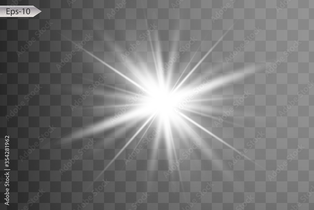 glowing lights effects isolated on gray background. Sun flash with rays and spotlight. Glow light effect. Star burst with sparkles. - obrazy, fototapety, plakaty 