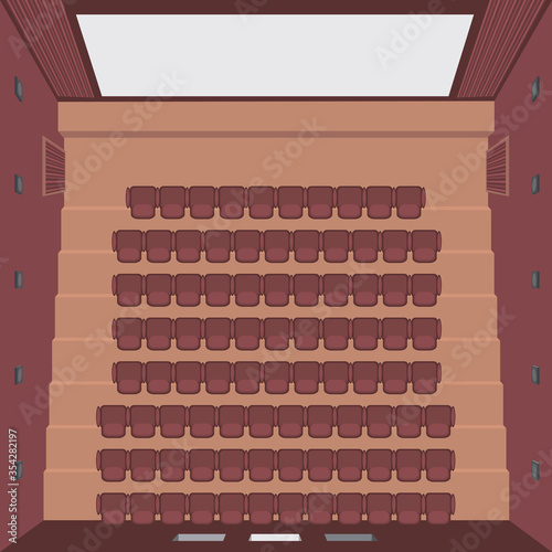 Red cinema theater hall. (top view) 
Cinema auditorium with screen and seats. (View from above)