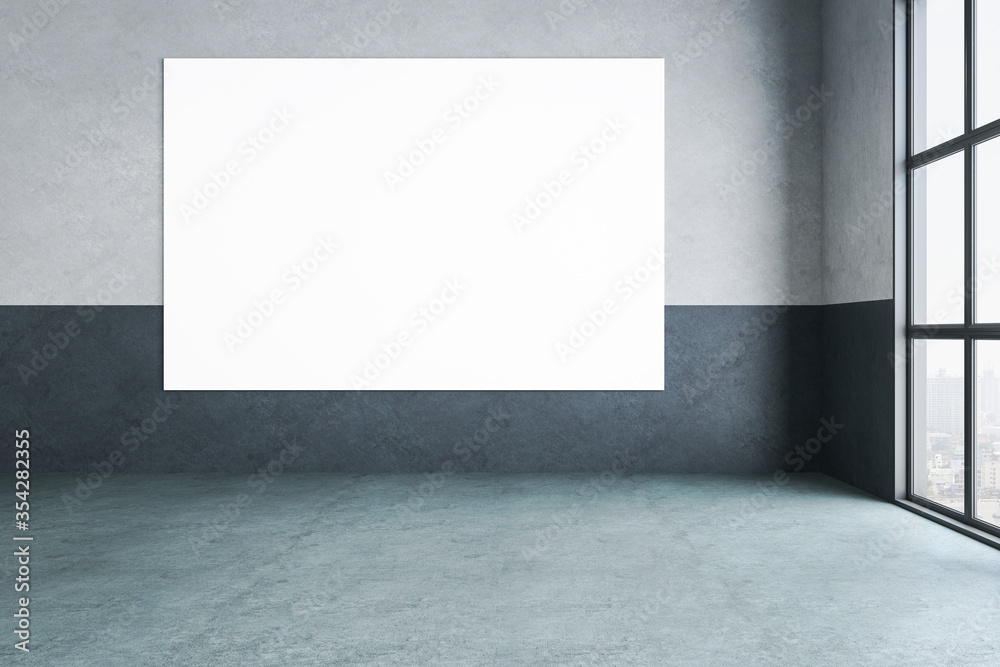 Minimalistic interior with blank banner on wall