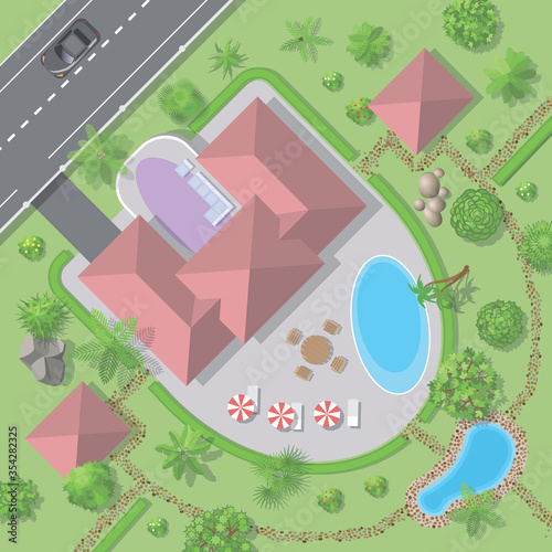 Vector illustration. Houses and streets with trees. (view from above)
Villa with pool and park. (top view)